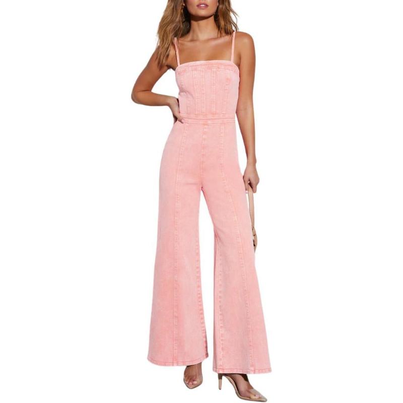 chouyatou Women s Vintage Distressed Adjustable Strap Denim Overalls Stretchy Sleeveless Jumpsuit Jeans Pants Hot Pink chouyatou